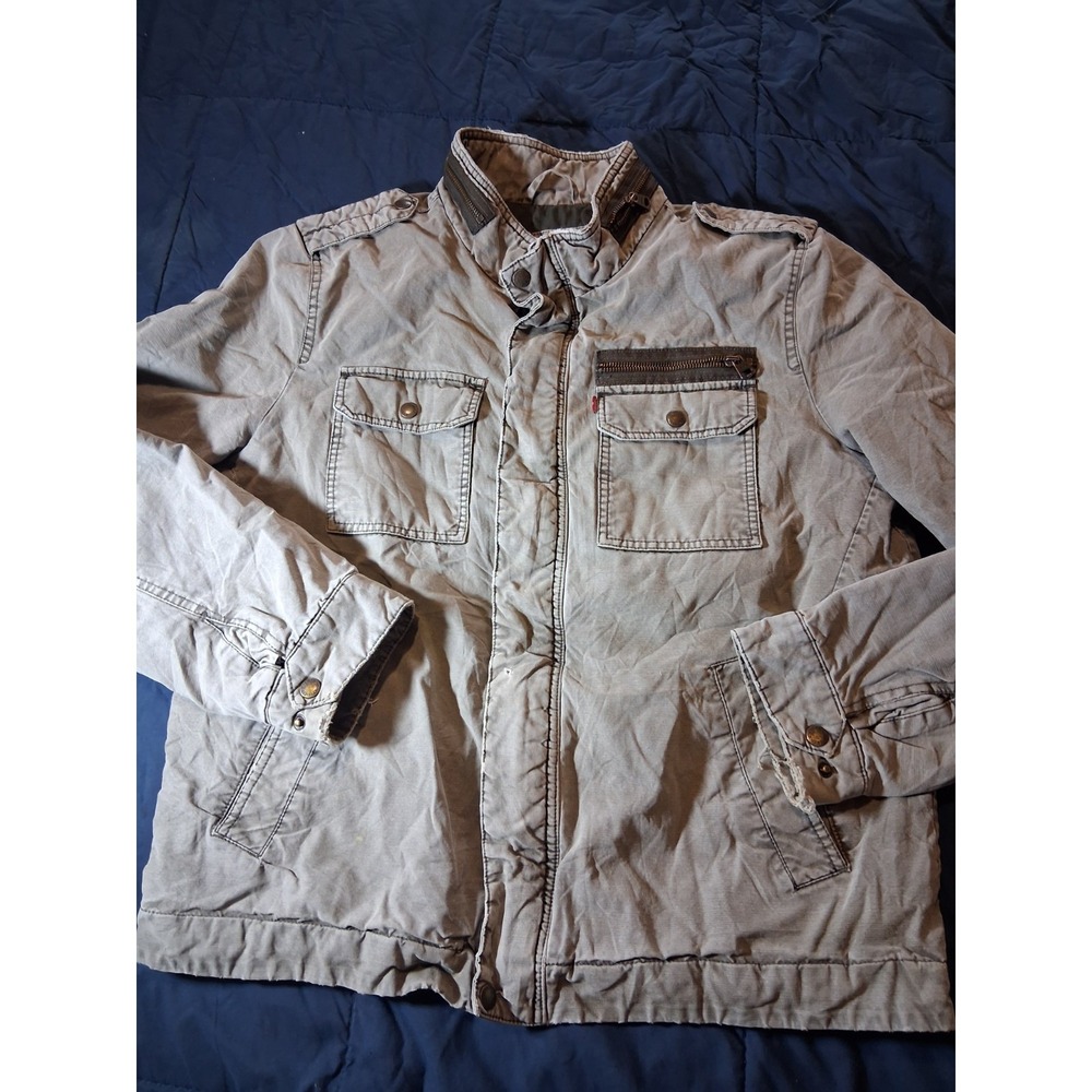 Levis Jacket Mens Large Gray Canvas Military Field Coat Quilted Lined Zip Up